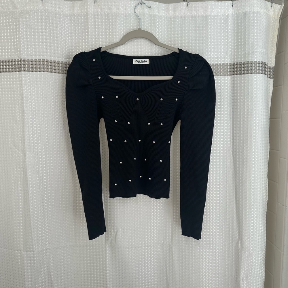 Black Long Sleeve Top with Pearl Accents